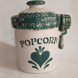 Vintage ceramic spongeware popcorn canister with heart Design.